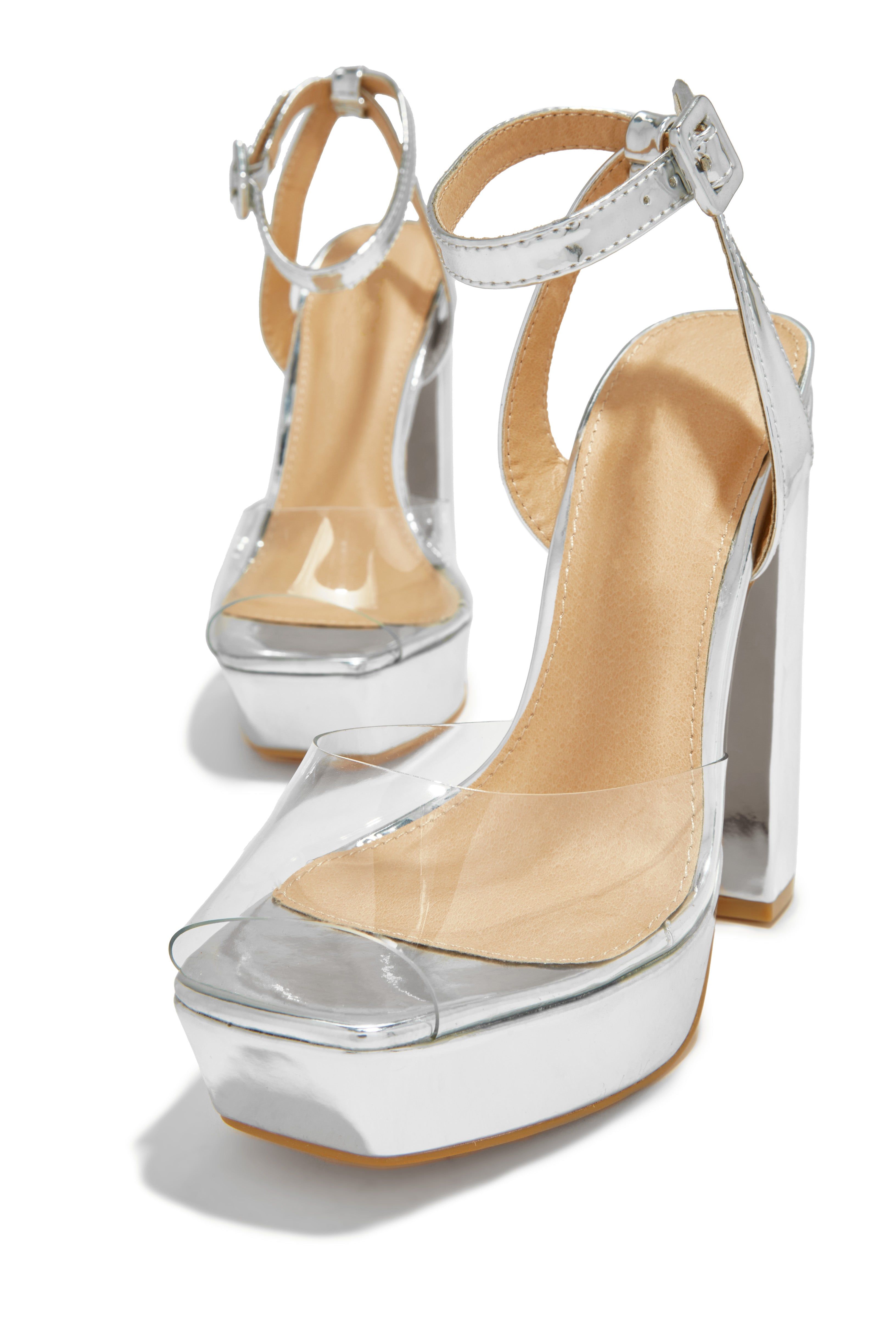 Adelynn Clear Strap Platform Block Heels - Silver sold by Miss Lola product image thumbnail 3