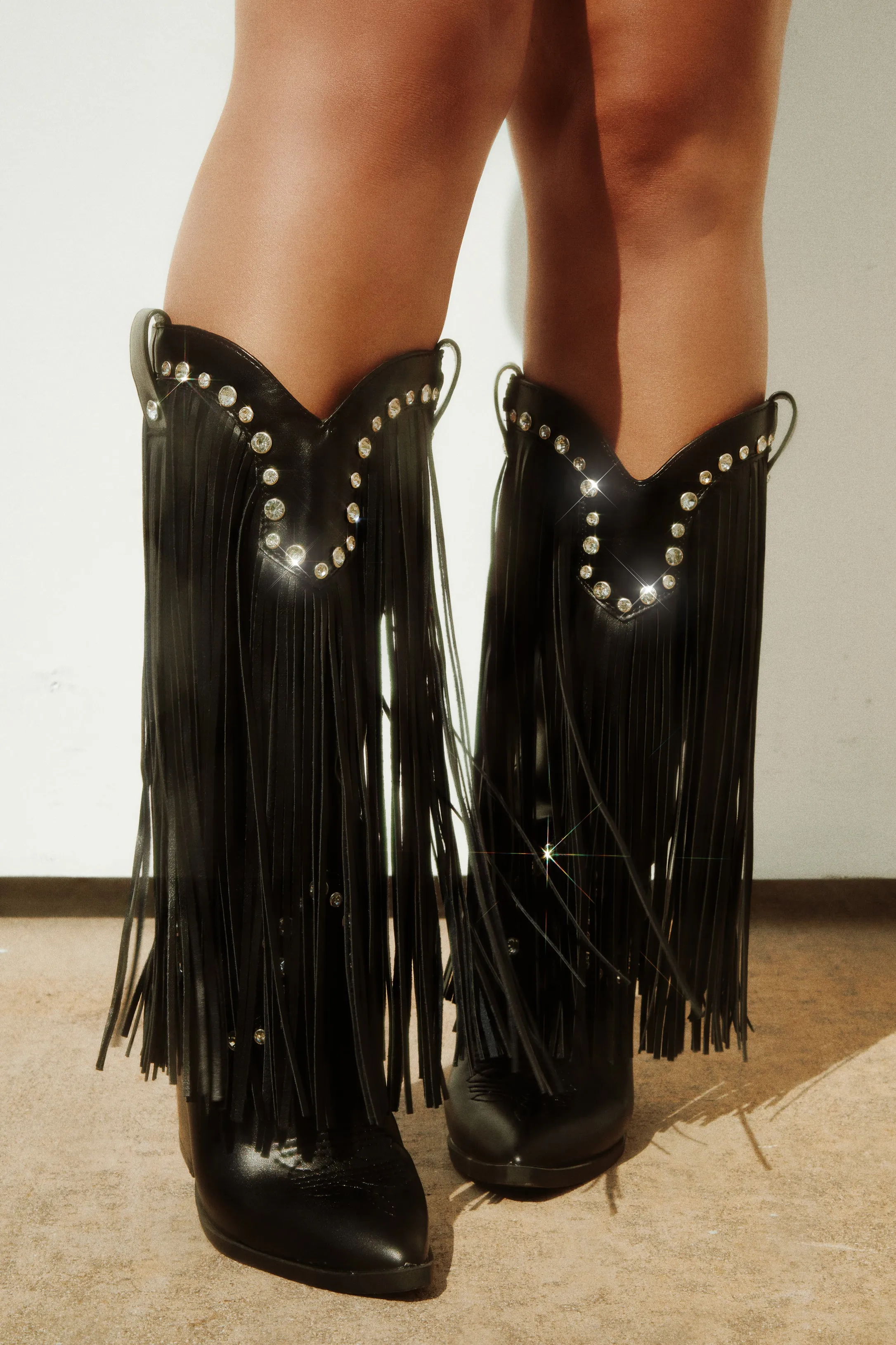 Houston Embellished Fringe Cowgirl Boots - Black sold by Miss Lola