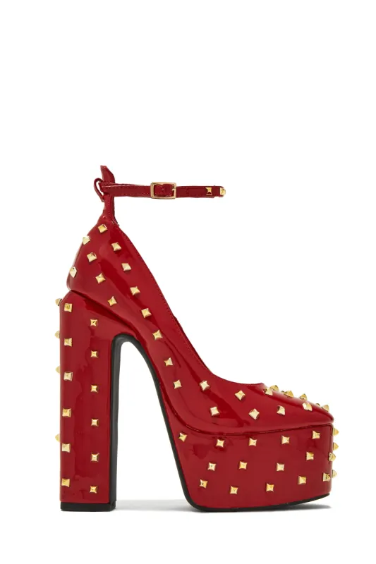 Nayomi Studded Platform Block High Heels - Red sold by Miss Lola