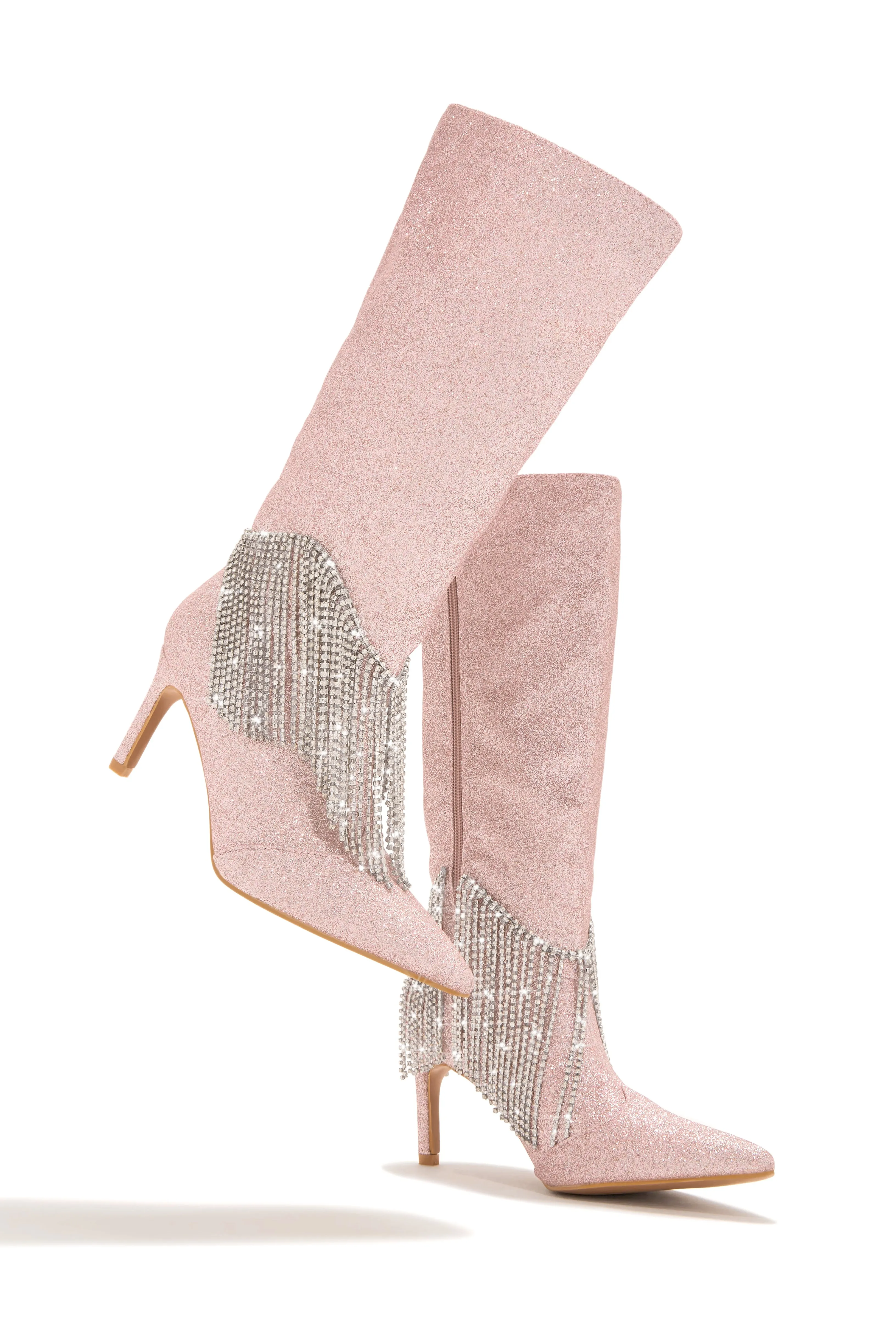 Faye Embellished Fringe Knee High Boots - Pink sold by Miss Lola product image thumbnail 4