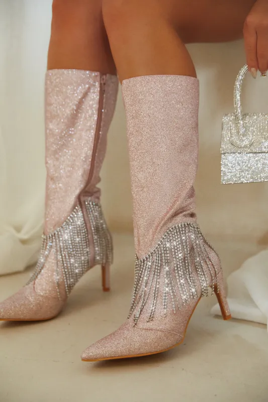 Faye Embellished Fringe Knee High Boots - Pink sold by Miss Lola