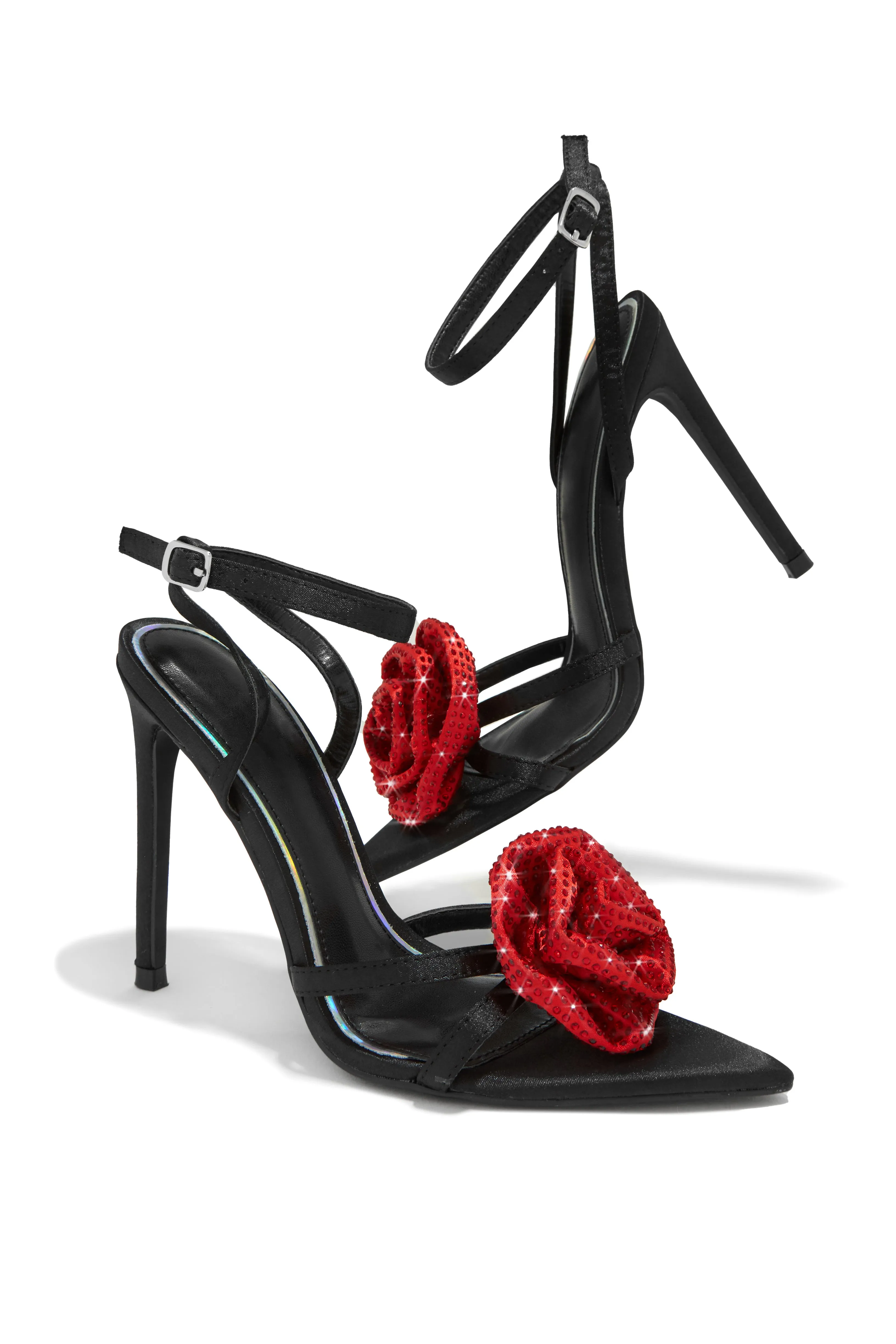 Rose Embellished Rose High Heels - Black Red sold by Miss Lola