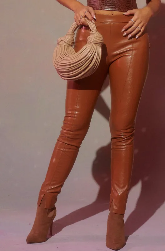 Make Jaws Drop High Waist Skinny PU Pant - Camel sold by Miss Lola