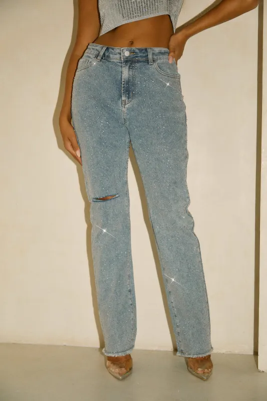 Kyandra Embellished Straight Leg Pant - Denim sold by Miss Lola