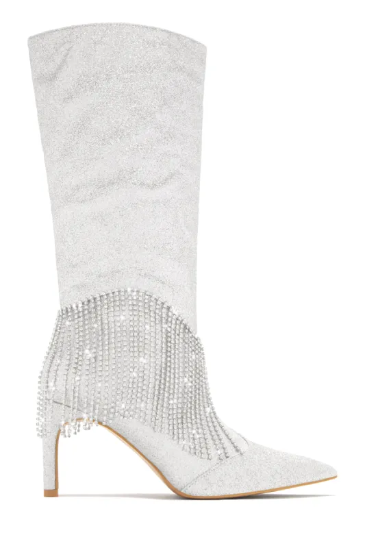 Faye Embellished Fringe Knee High Boots - Silver sold by Miss Lola