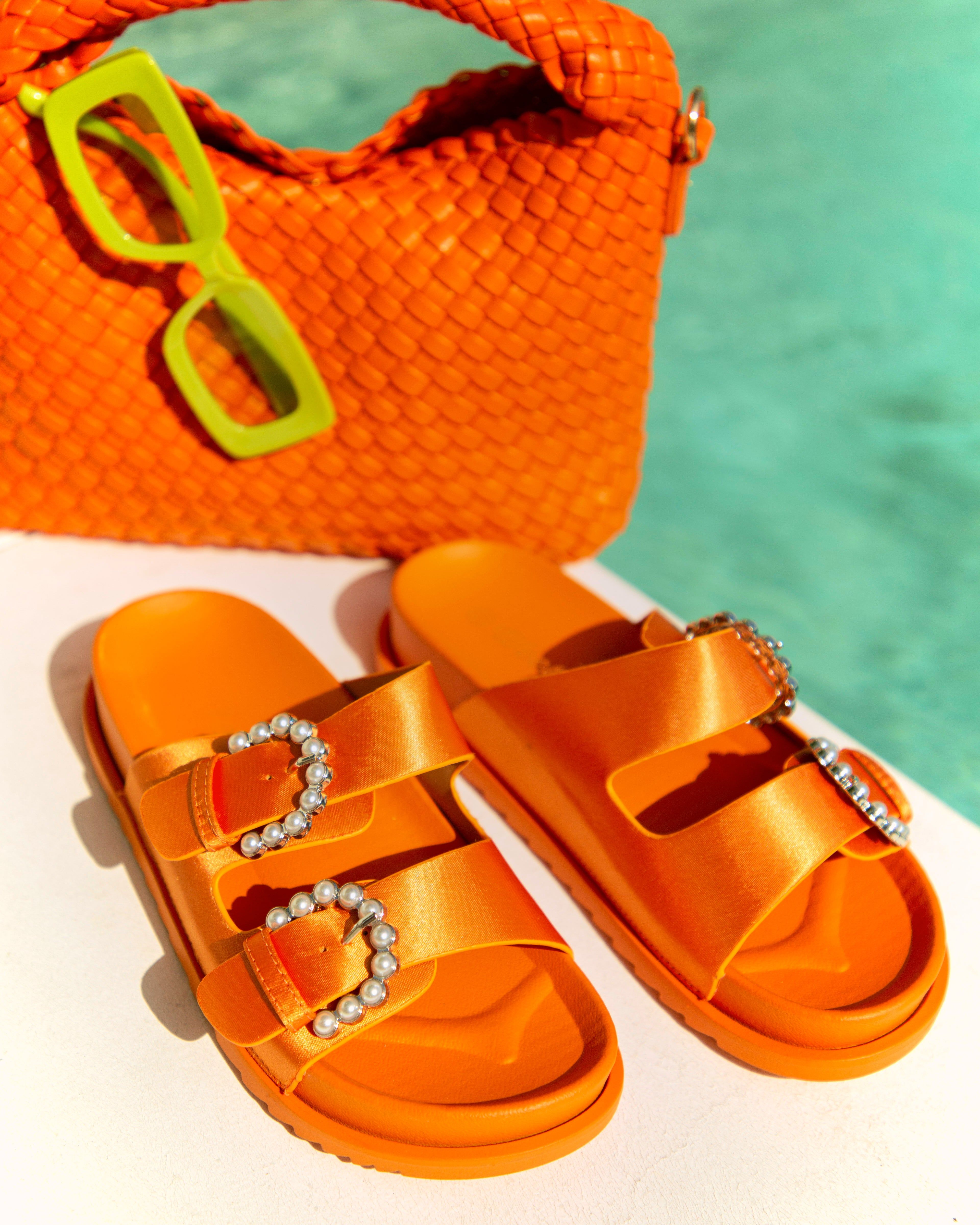 Golden Beaches Embellished Slip On Sandals - Orange sold by Miss Lola