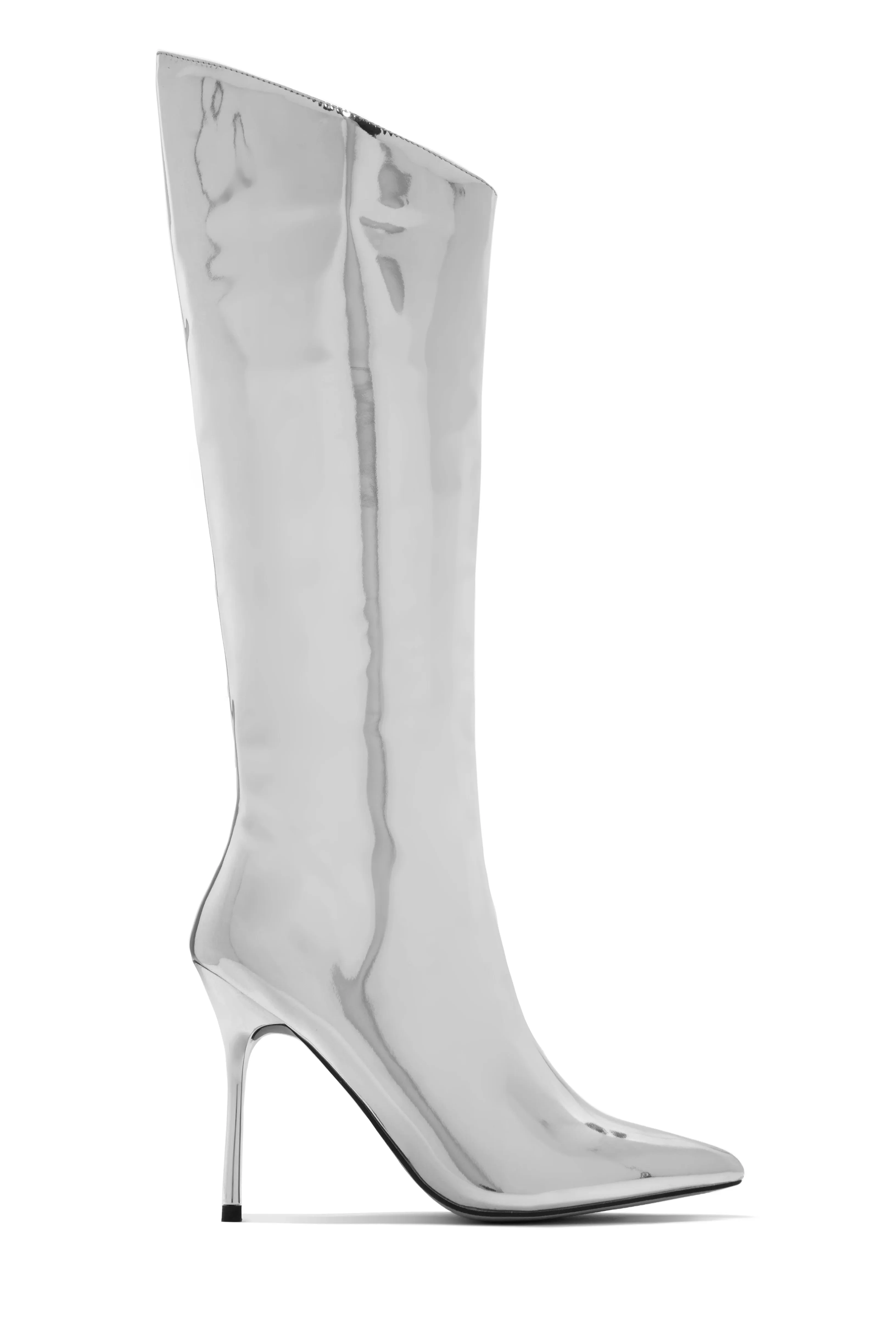 Center Of Attention Asymmetric Knee High Boots - Silver sold by Miss Lola product image thumbnail 4