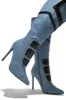 Midnight Sky Moto Style Knee High Heel Boots - Denim sold by Miss Lola