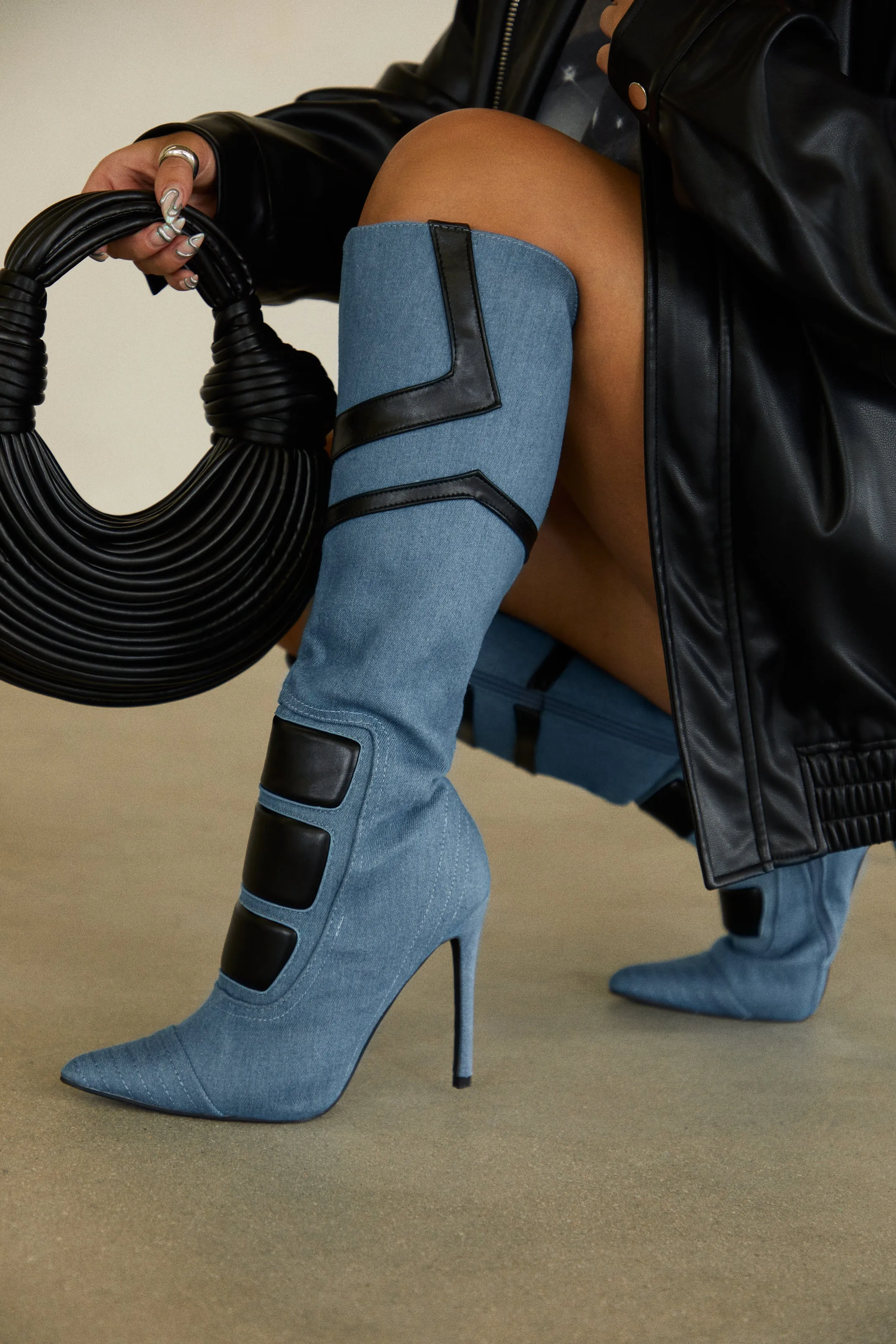 Midnight Sky Moto Style Knee High Heel Boots - Denim sold by Miss Lola