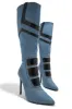Midnight Sky Moto Style Knee High Heel Boots - Denim sold by Miss Lola