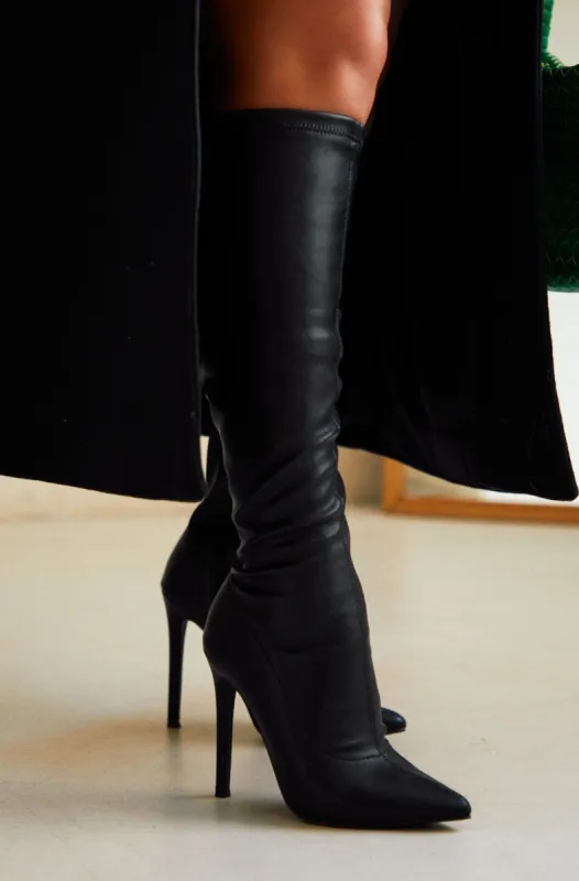 So Dramatic Knee High Heel Boots - Black sold by Miss Lola