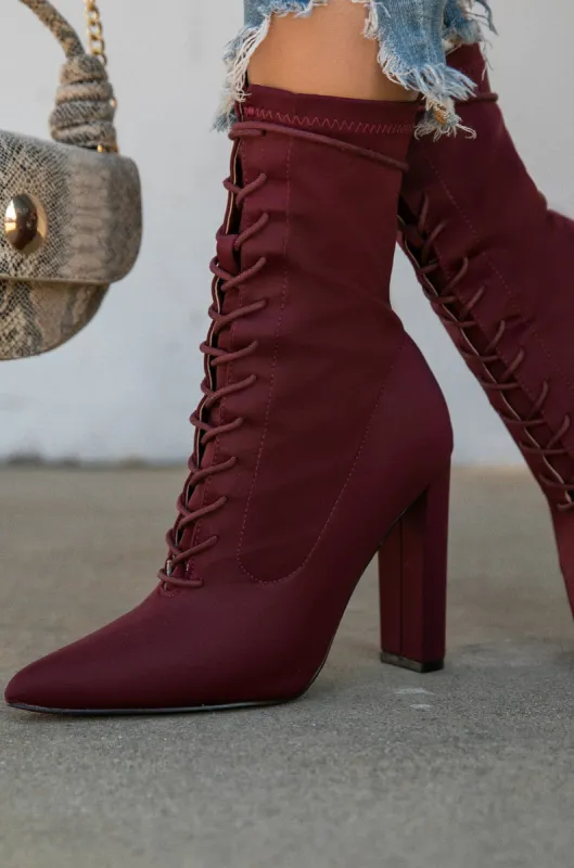 Weekend Strut Lace Up Block Heel Ankle Boots - Wine sold by Miss Lola