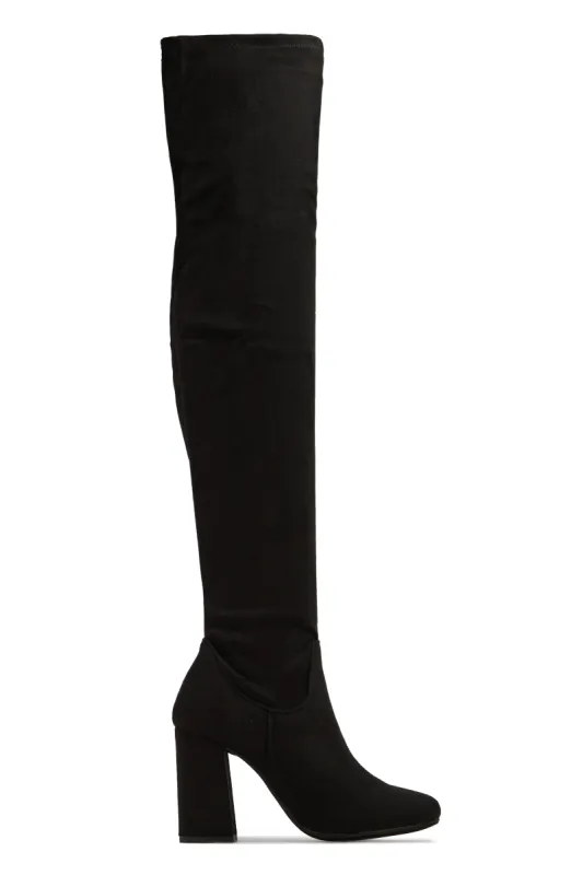 Going Up Over The Knee Block Heel Boots - Black sold by Miss Lola