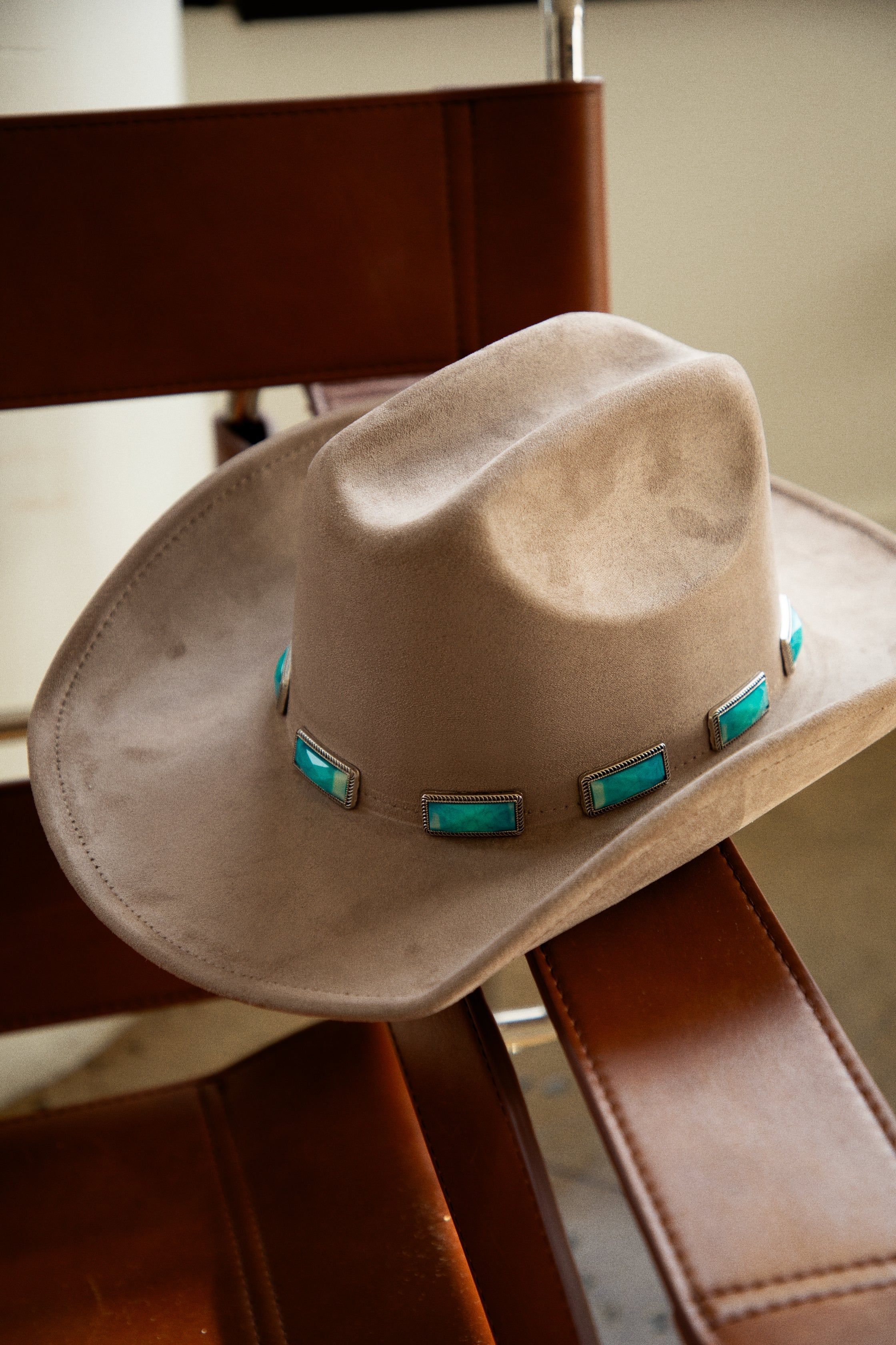 Road Trips Turquoise Pendant Cowgirl Hat - Taupe sold by Miss Lola