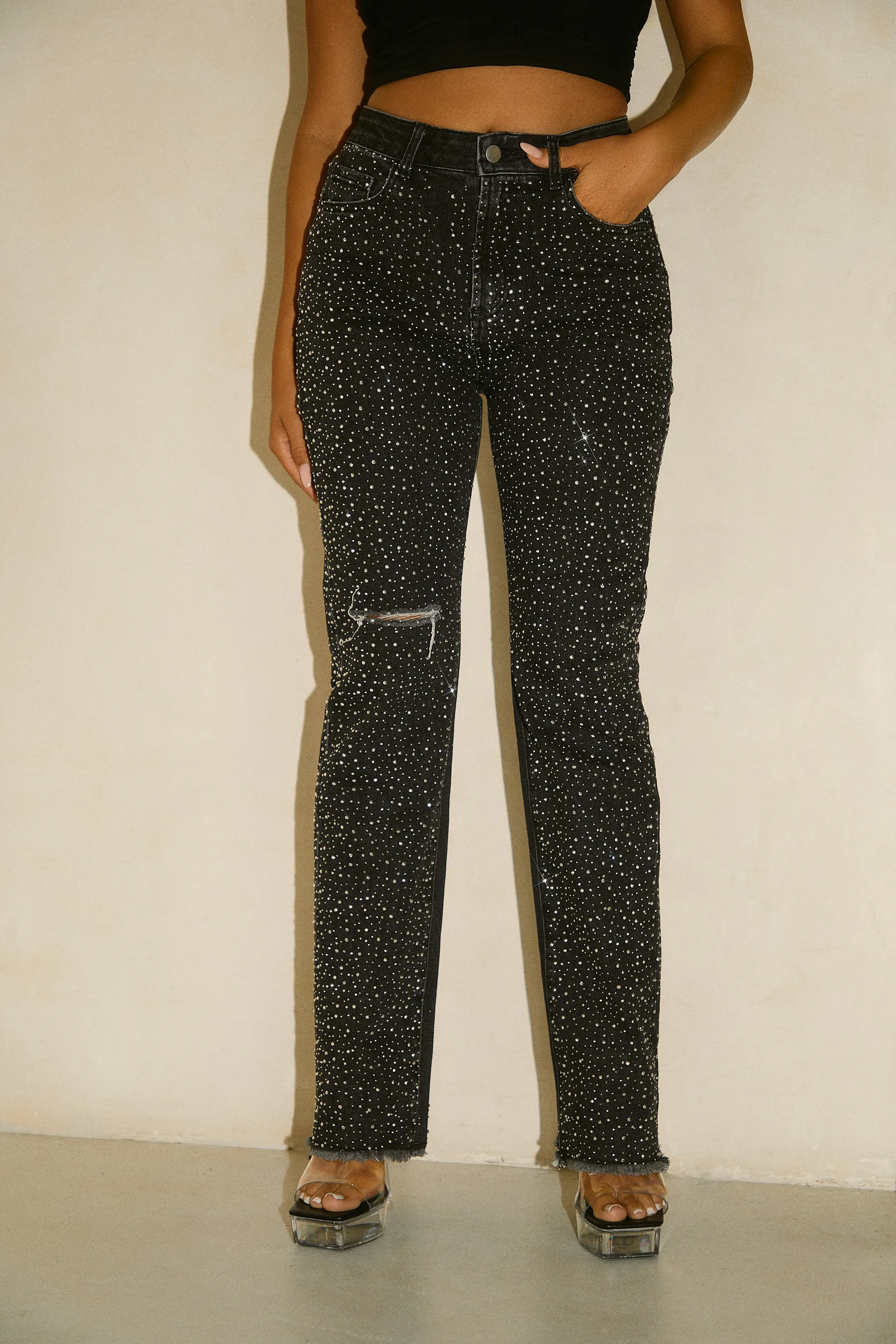 Kyandra Embellished Straight Leg Pant - Black Denim sold by Miss Lola product image thumbnail 4