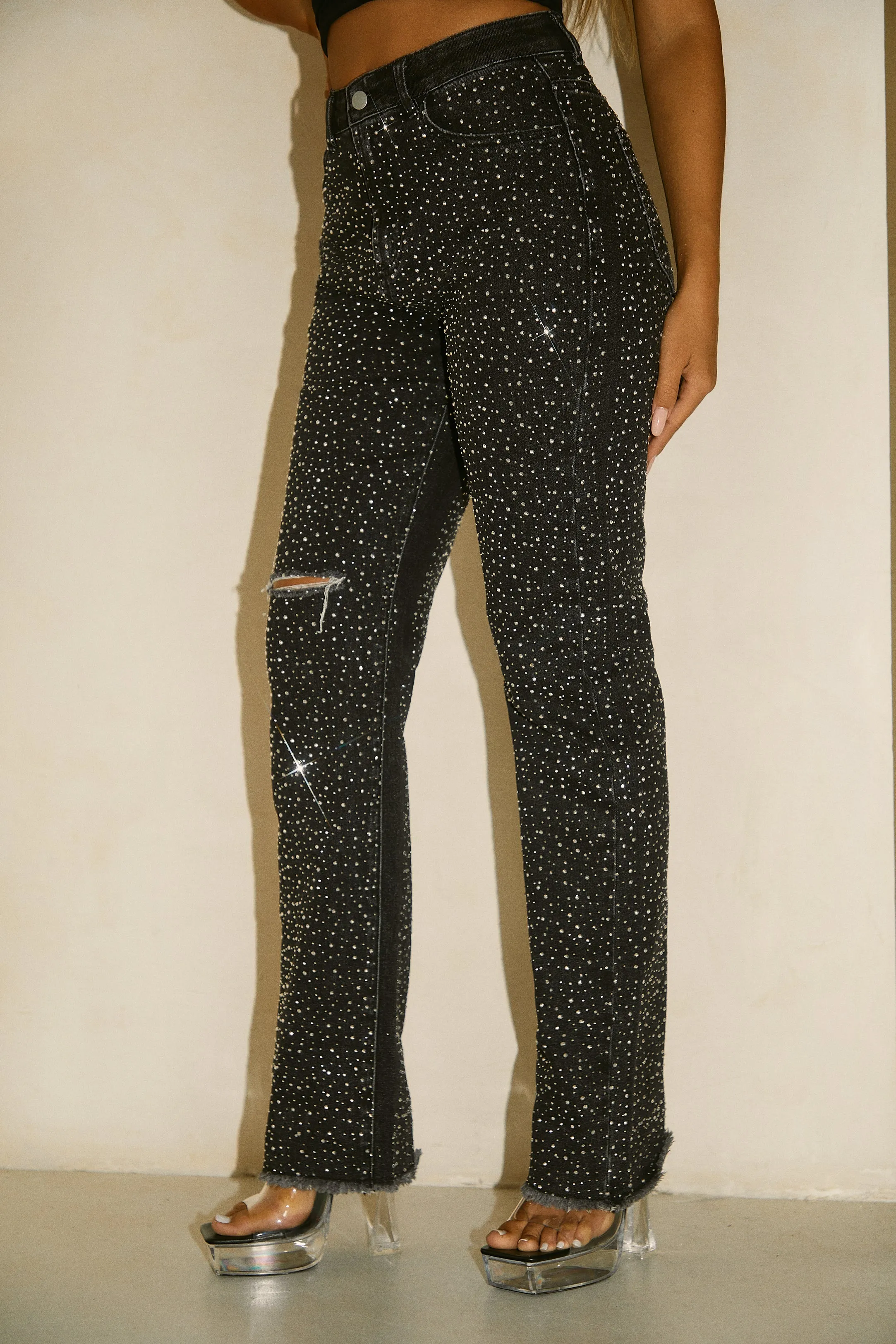 Kyandra Embellished Straight Leg Pant - Black Denim sold by Miss Lola