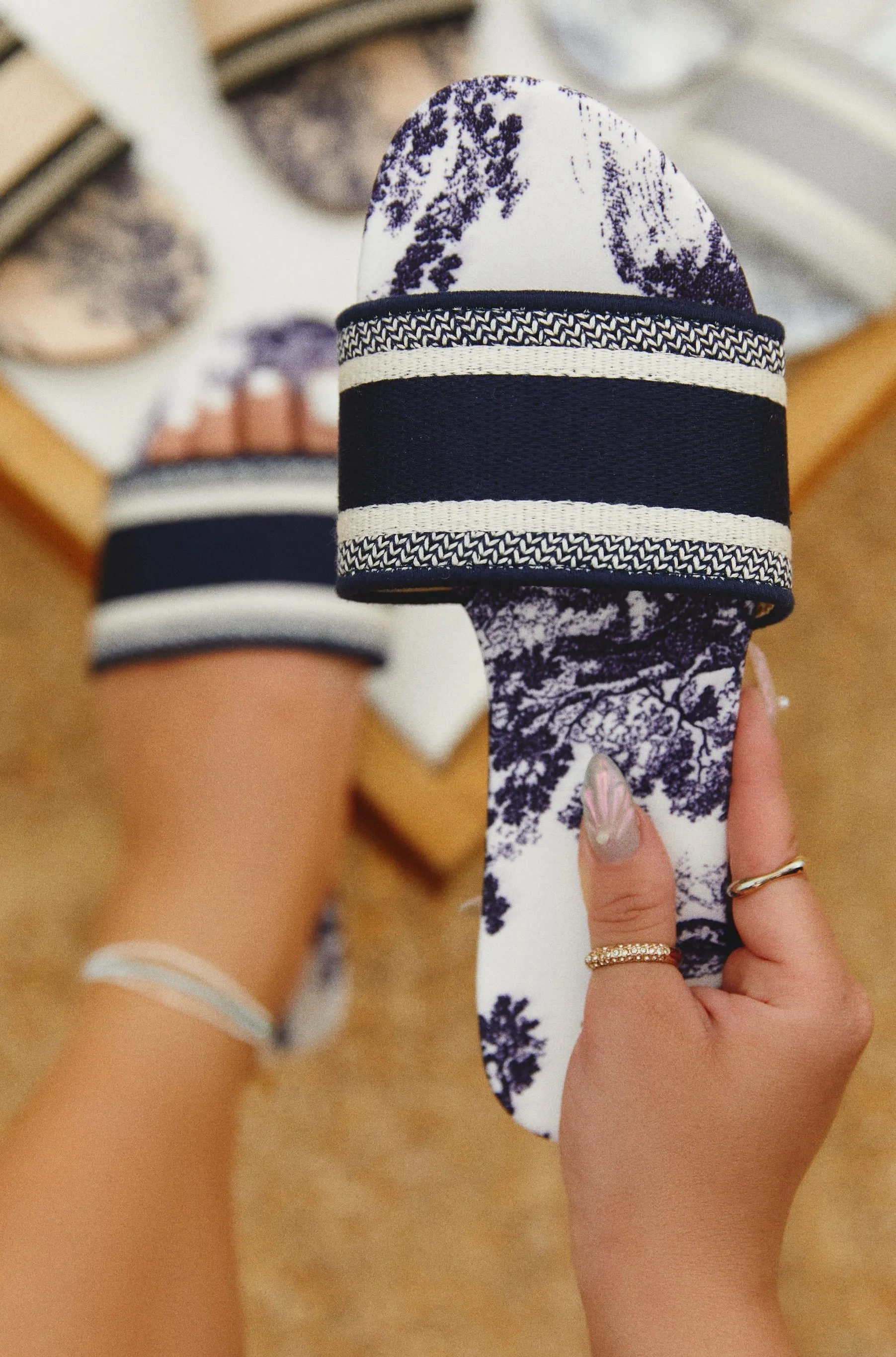 Island Oasis Slip On Sandals - Navy sold by Miss Lola