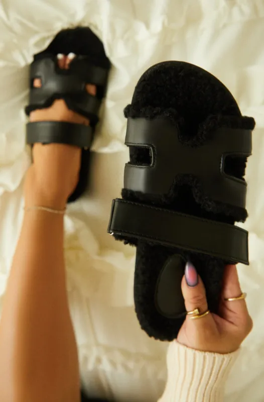 Bailey Faux Sherpa Slip On Sandals - Black sold by Miss Lola