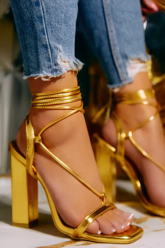Evonne Lace Up Block Heels - Gold sold by Miss Lola