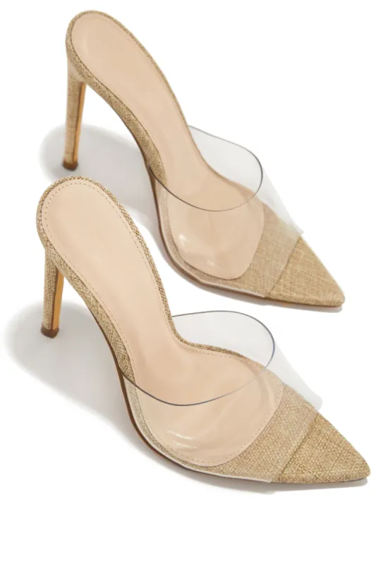 Ionic Clear Strap High Heel Mules - Linen sold by Miss Lola