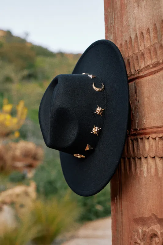 Under the Moon  Pendant Flat Brim Hat - Black sold by Miss Lola