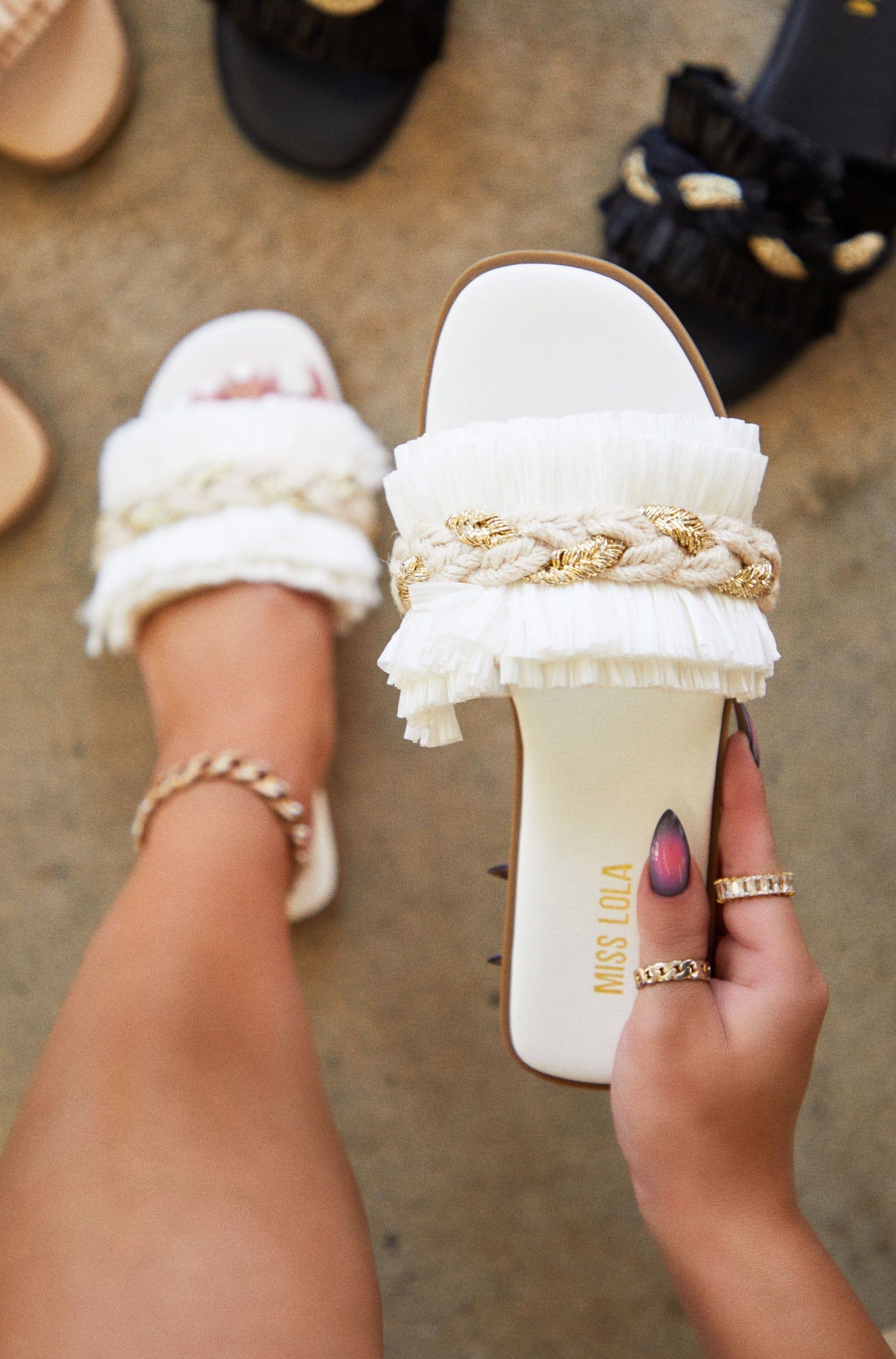 Private Island Fringe Slip On Sandals - White sold by Miss Lola