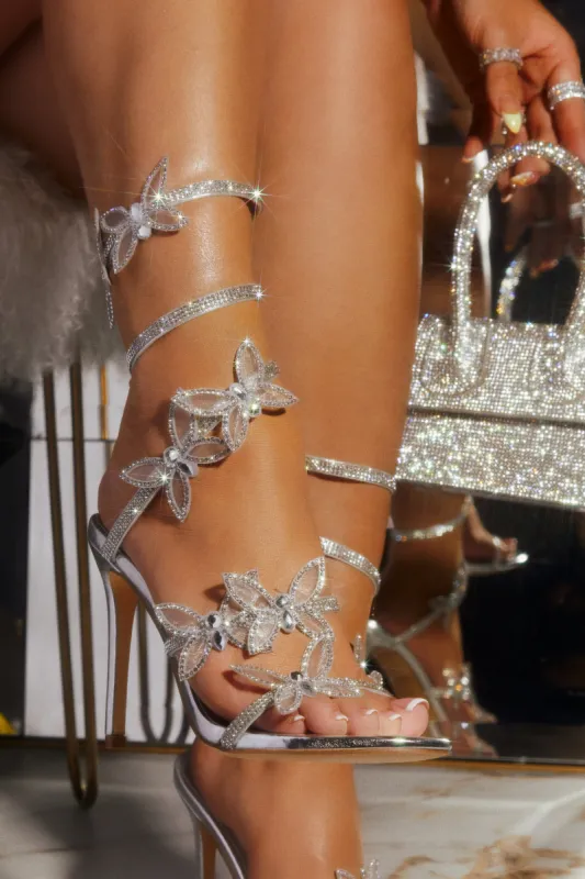 Fantasy Butterfly Embellished Coil Heels - Silver sold by Miss Lola