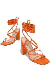 Yohana Lace Up Block High Heels - Orange sold by Miss Lola