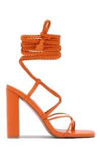 Yohana Lace Up Block High Heels - Orange sold by Miss Lola