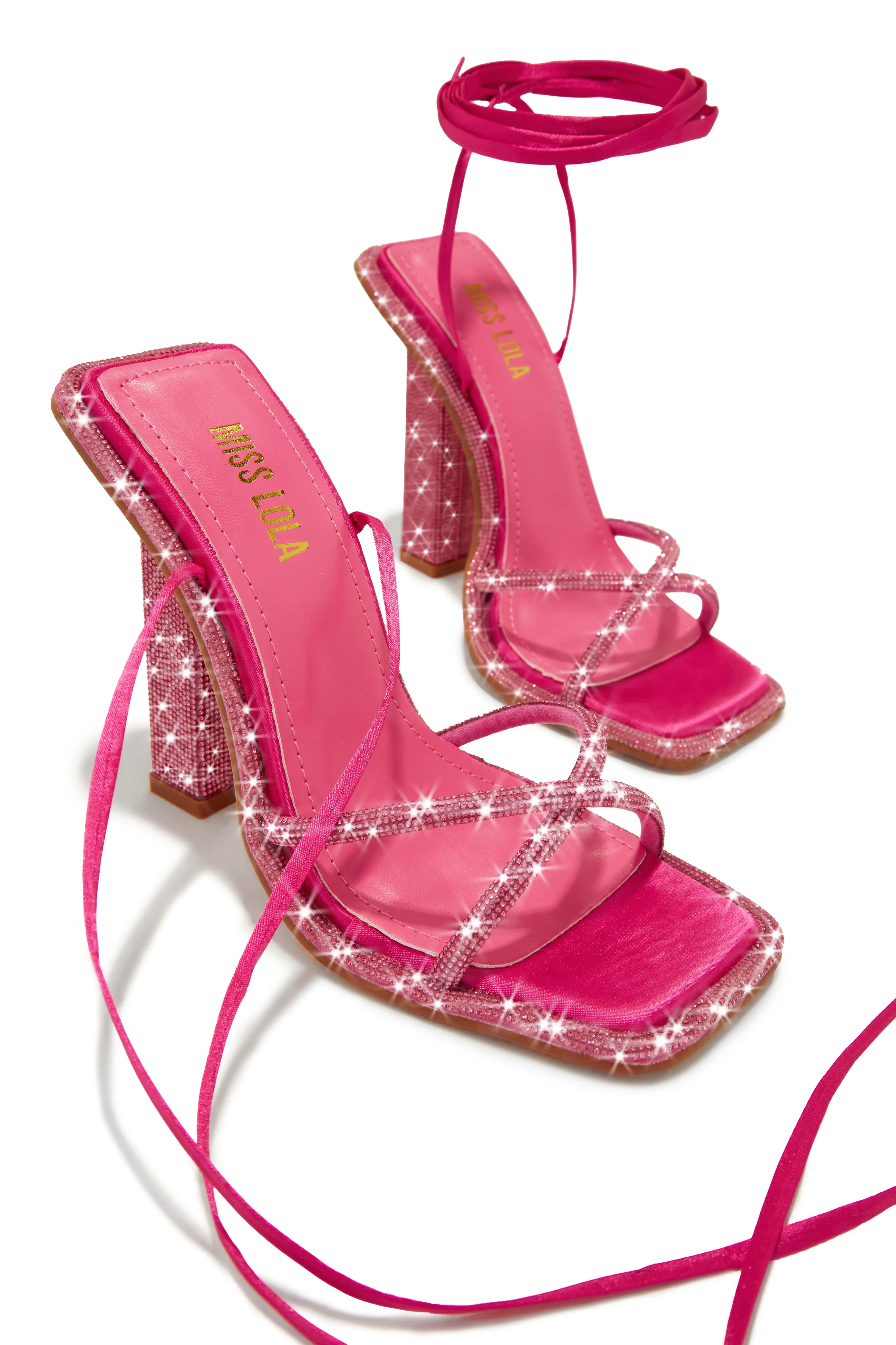 Crystal Embellished Lace Up High Heels - Pink sold by Miss Lola product image thumbnail 3