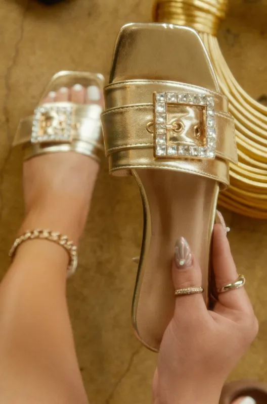Summer Solstice Embellished Buckle Slip On Sandals - Gold sold by Miss Lola