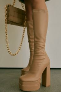 Alyna Below The Knee Platform Block Heel Boots - Nude sold by Miss Lola