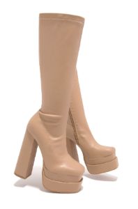 Alyna Below The Knee Platform Block Heel Boots - Nude sold by Miss Lola