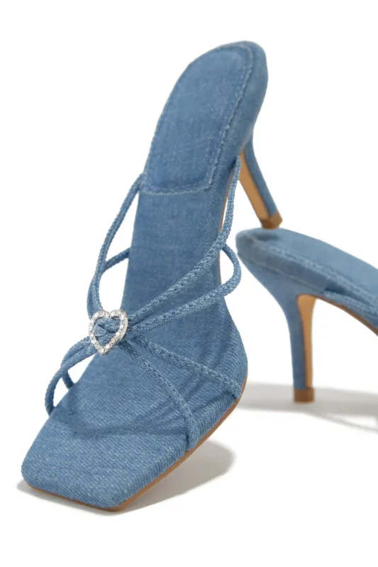 Pure Love Embellished Mid Heel Mules - Denim sold by Miss Lola