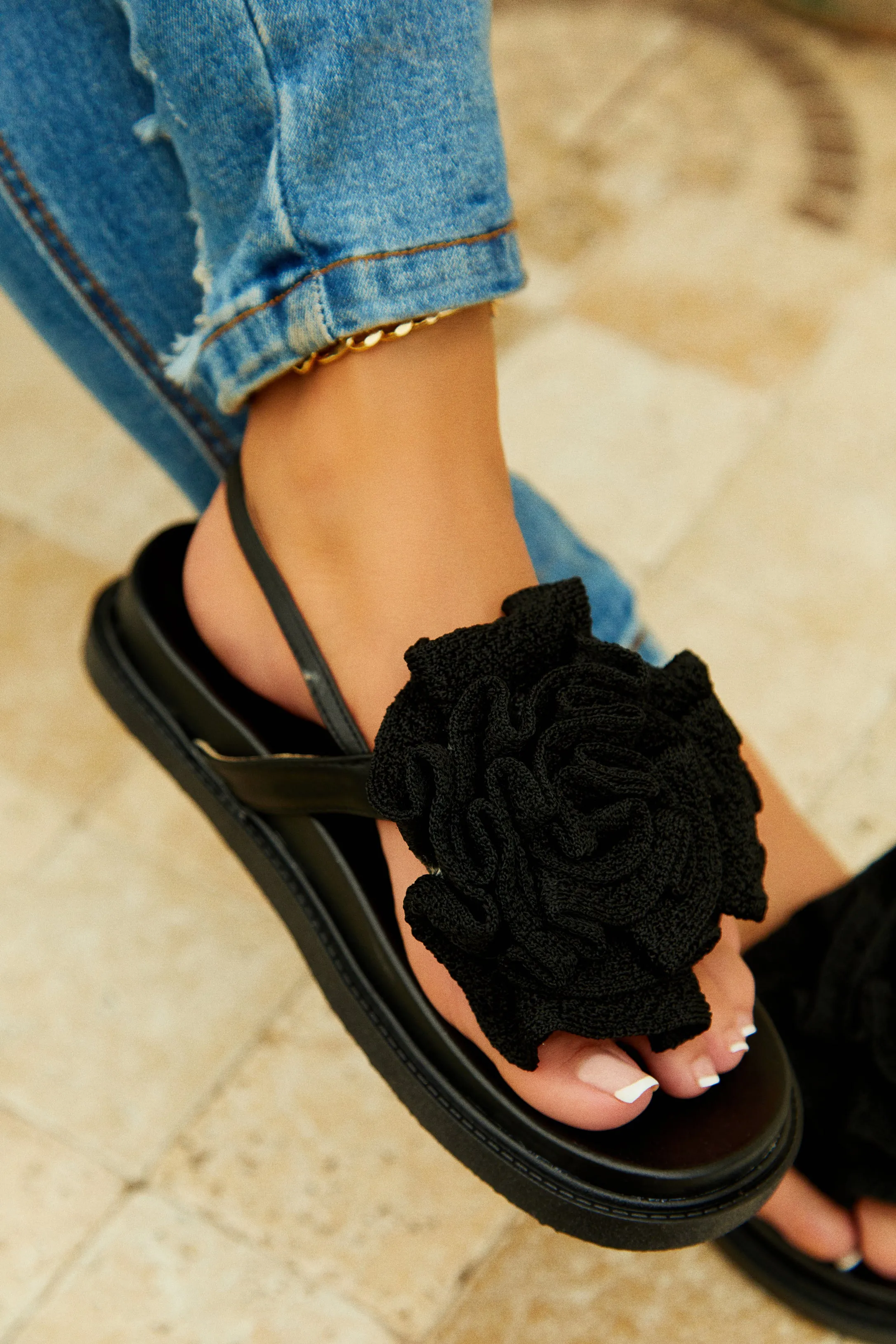 Florence Flower Chunky Sandals - Black sold by Miss Lola