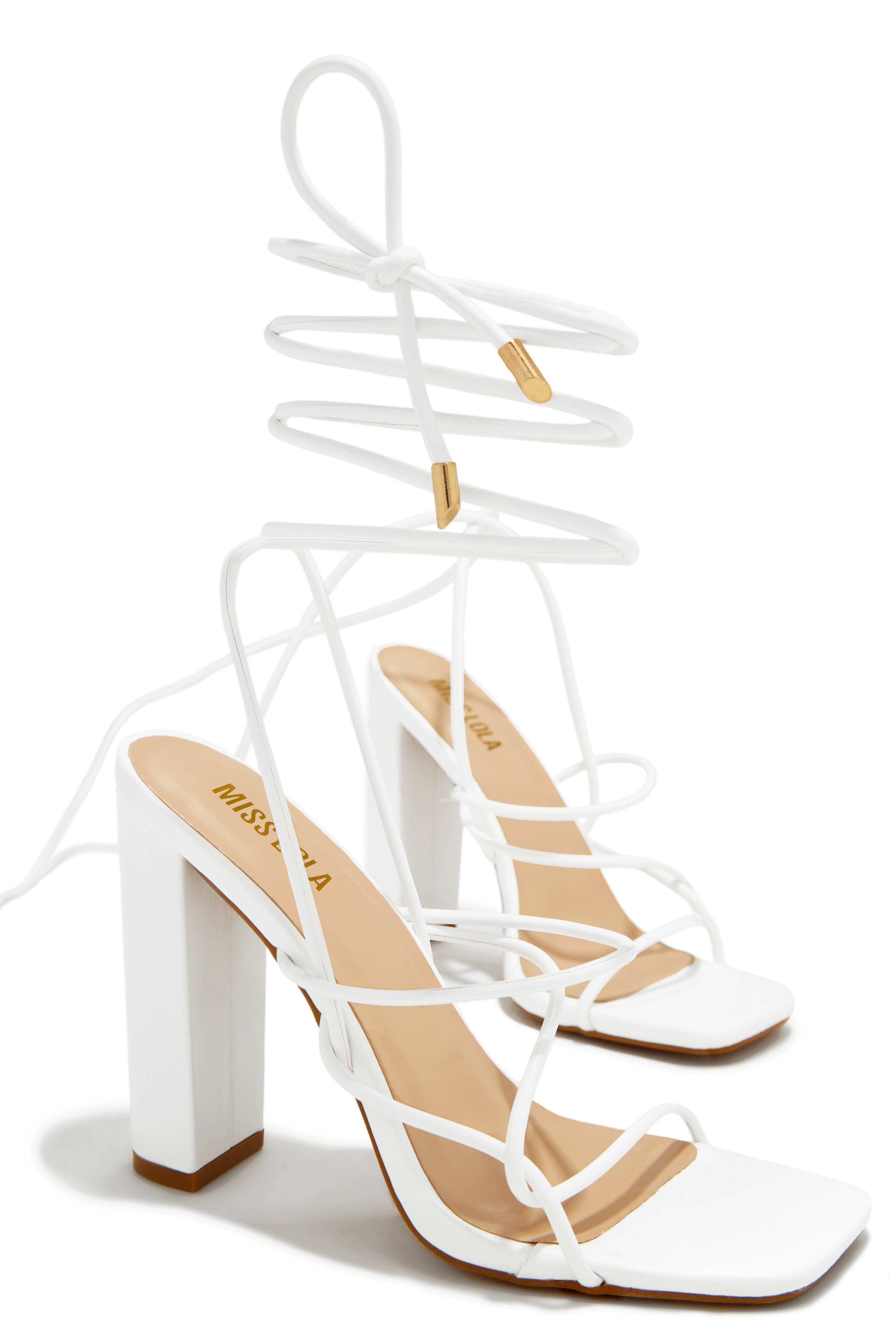 Luciana Lace Up Block High Heels - White sold by Miss Lola product image thumbnail 2