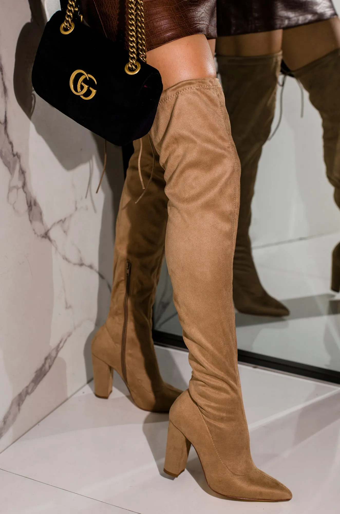 Set The Bar Over The Knee Block High Heel Boots - Taupe sold by Miss Lola product image thumbnail 2