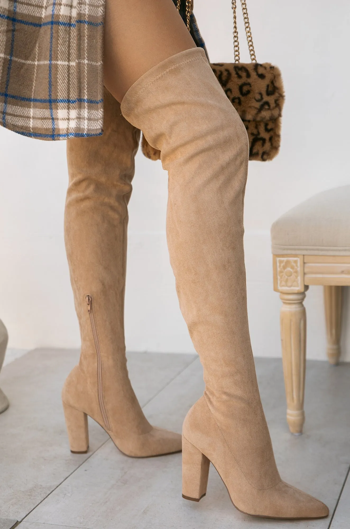 Set The Bar Over The Knee Block High Heel Boots - Taupe sold by Miss Lola