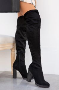 Kiss The Sky Platform Block Heel Over The Knee Boots - Black sold by Miss Lola