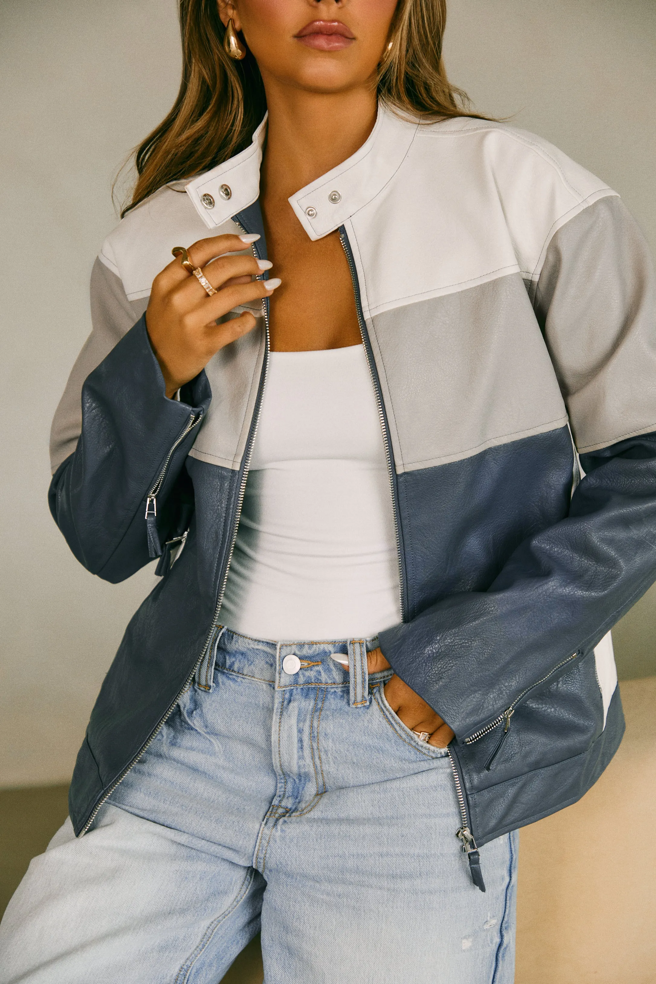 Tyra PU Moto Jacket - Blue Multi sold by Miss Lola