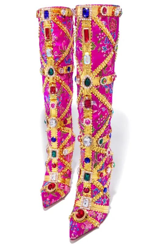 Masterpiece Embellished Knee High Heel Boots - Pink sold by Miss Lola