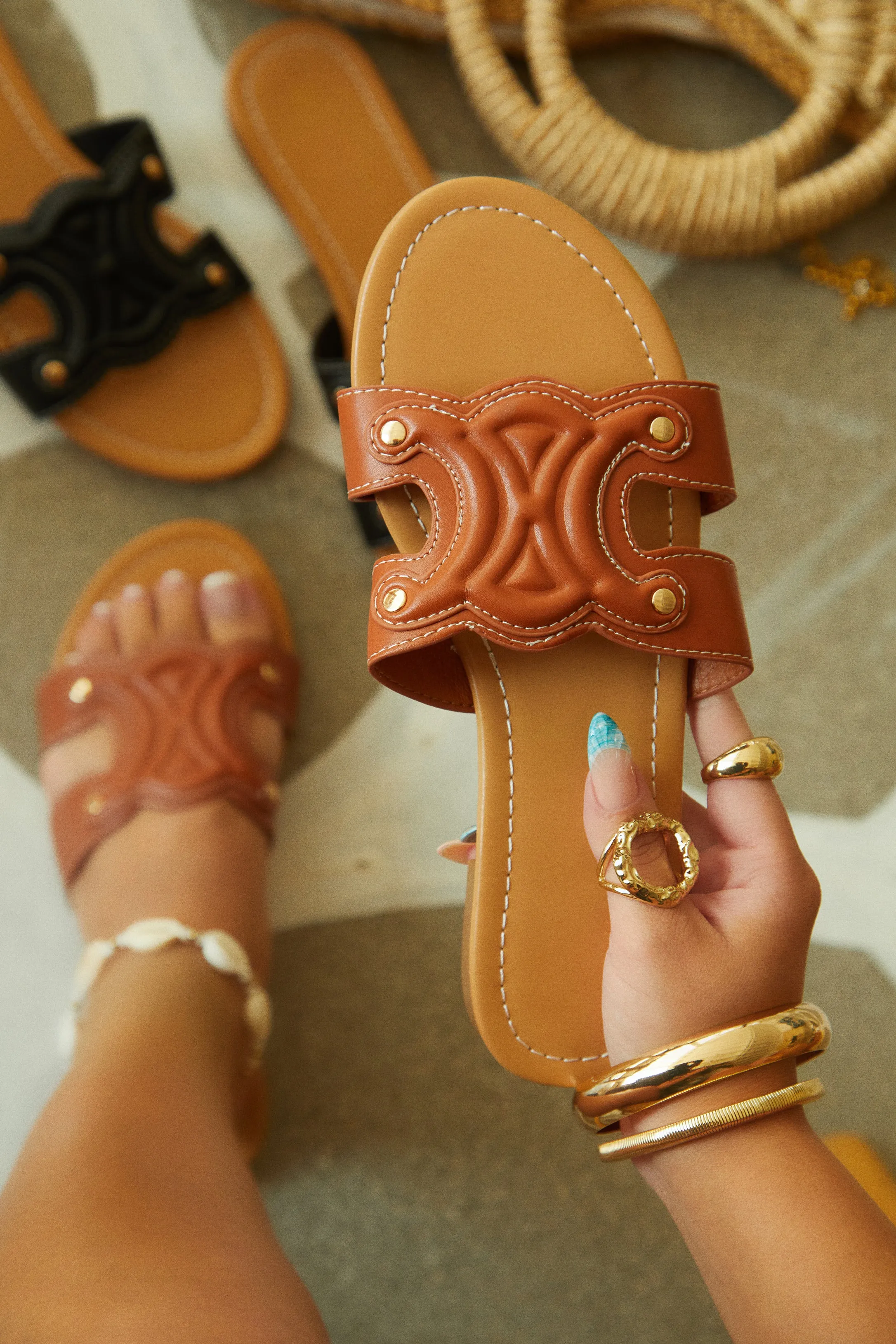 Paris Trips Slip On Sandals - Tan sold by Miss Lola