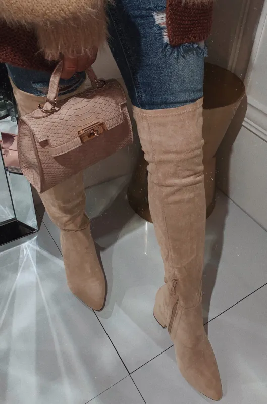 New Moon Over The Knee Block Heel Boots - Nude sold by Miss Lola