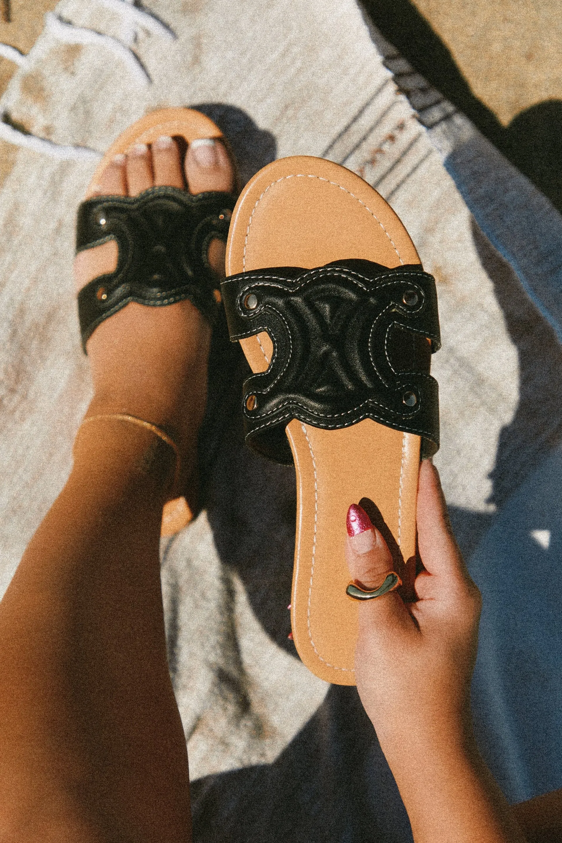 Paris Trips Slip On Sandals - Black sold by Miss Lola