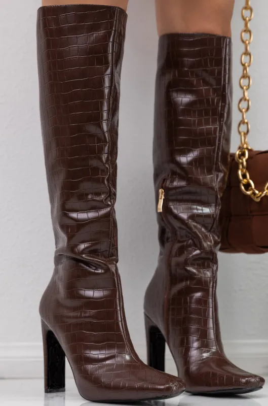 Adelaisa Knee High Heel Boots - Mocha Croc sold by Miss Lola