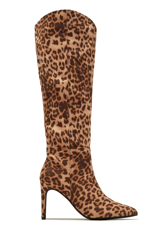 Portia Knee High Heel Boots - Leopard sold by Miss Lola