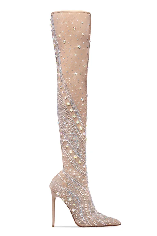 Jaw Dropping Embellished Over The Knee Boots - Nude sold by Miss Lola