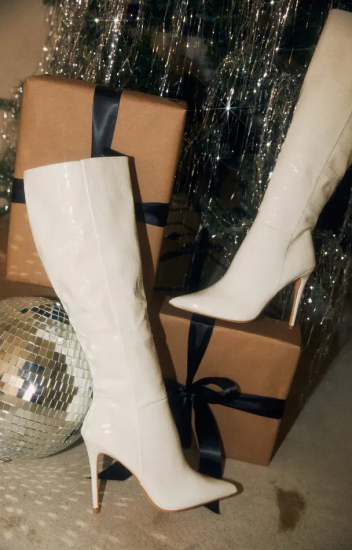 Trisha Knee High Heel Boots - White sold by Miss Lola