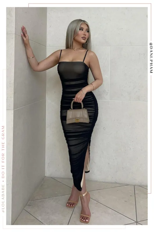 Analei Ruched Mesh Maxi Dress - Black sold by Miss Lola