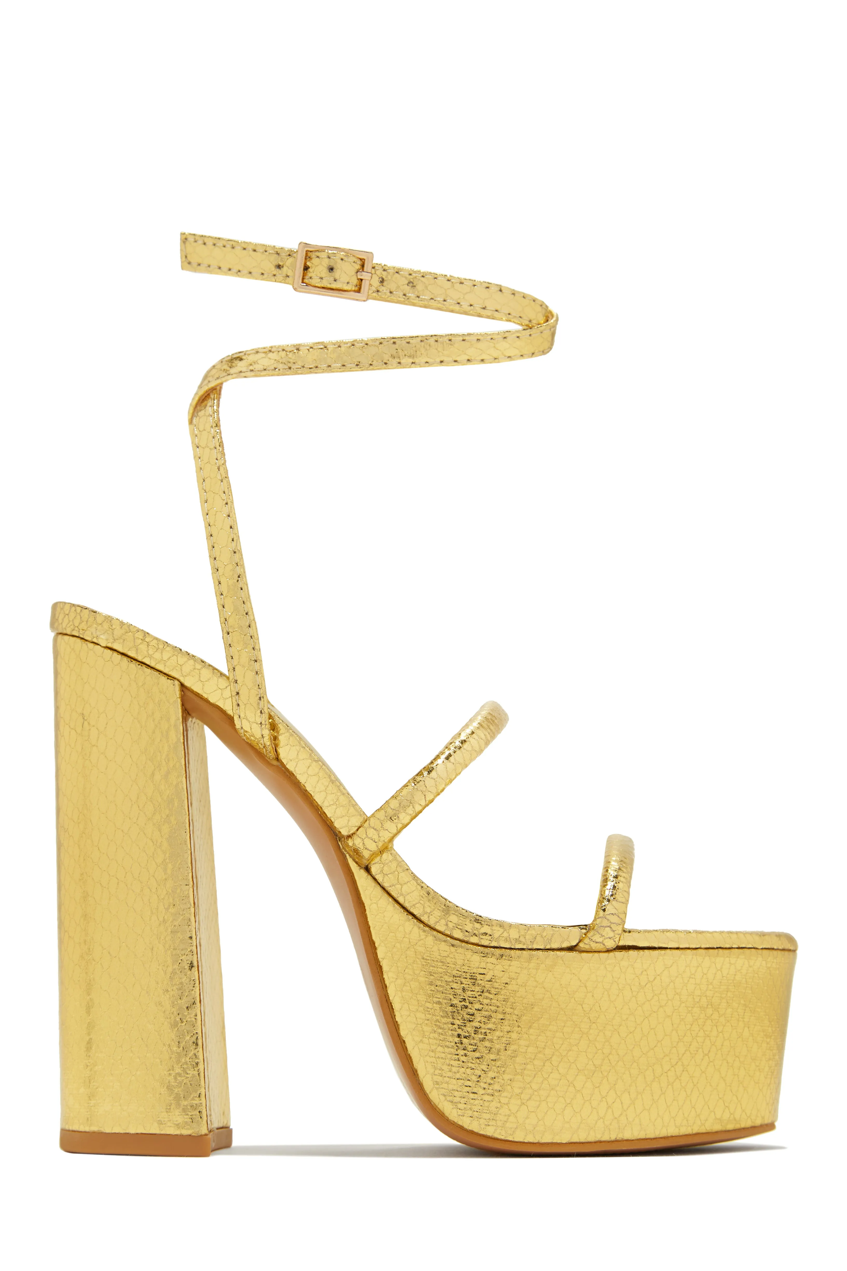 Samia Platform Block High Heels - Gold sold by Miss Lola